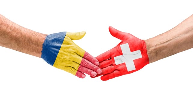 Football teams - handshake between Romania and Switzerland