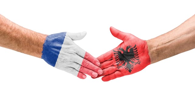 Football teams - handshake between France and Albania