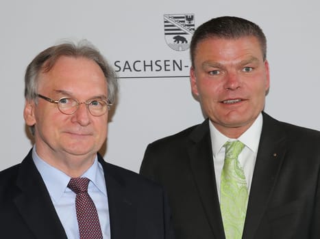 Dr. Reiner Haseloff (CDU) Minister-President of saxony-anhalt and Holger Stahlknecht (CDU) Interior Minister of saxony-anhalt at the reception of the prime minister Dr. Reiner Haseloff for the DHB cup winner 2016 SC Magdeburg