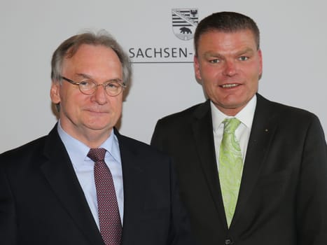 Dr. Reiner Haseloff (CDU) Minister-President of saxony-anhalt and Holger Stahlknecht (CDU) Interior Minister of saxony-anhalt at the reception of the prime minister Dr. Reiner Haseloff for the DHB cup winner 2016 SC Magdeburg
