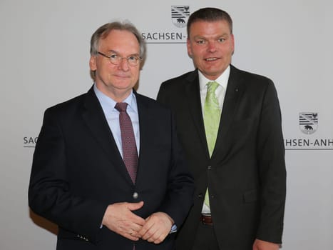 Dr. Reiner Haseloff (CDU) Minister-President of saxony-anhalt and Holger Stahlknecht (CDU) Interior Minister of saxony-anhalt at the reception of the prime minister Dr. Reiner Haseloff for the DHB cup winner 2016 SC Magdeburg