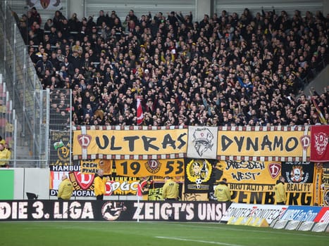 Guest fan block Dynamo Dresden at the 3rd league season 2015/2016 point game Hallescher FC against SG Dynamo Dresden