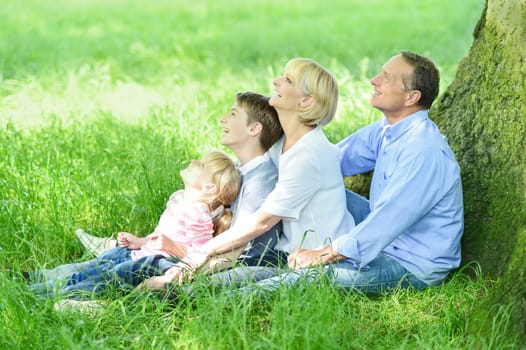 Happy family sitting under tree and looking up.