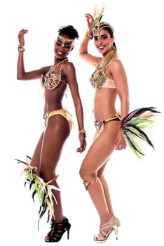 Two women samba dancer posing to camera