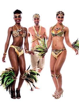 Full length image samba dancers over white