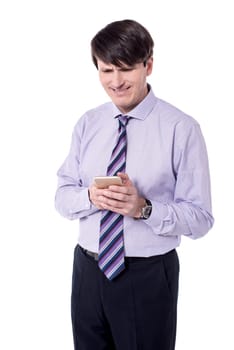 Professional man typing text message in smart phone.