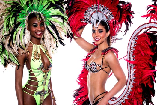 Smiling beautiful girls in a colorful carnival costume