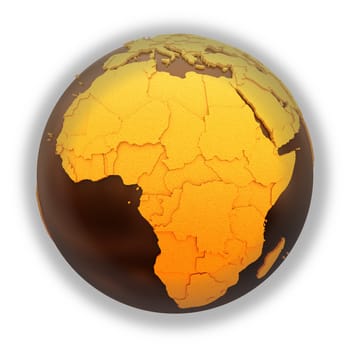 Africa on chocolate model of planet Earth. Sweet crusty continents with embossed countries and oceans made of dark chocolate. 3D illustration isolated on white background.