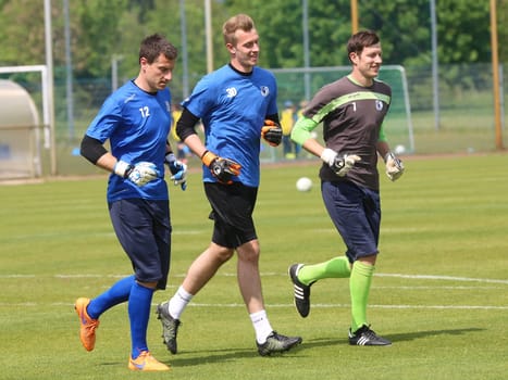 Jan Glinker,Lukas Cichos and Matthias Tischer (all goalkeepers 1.FC Magdeburg) during training on 12.5.2016 in Magdeburg