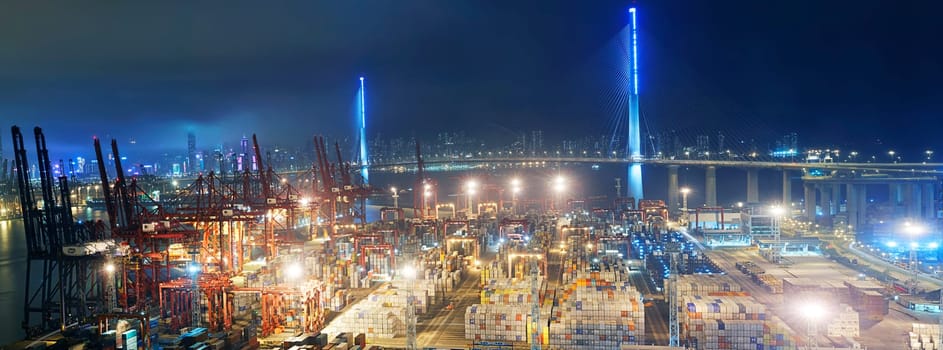 Container port in Hong Kong at night