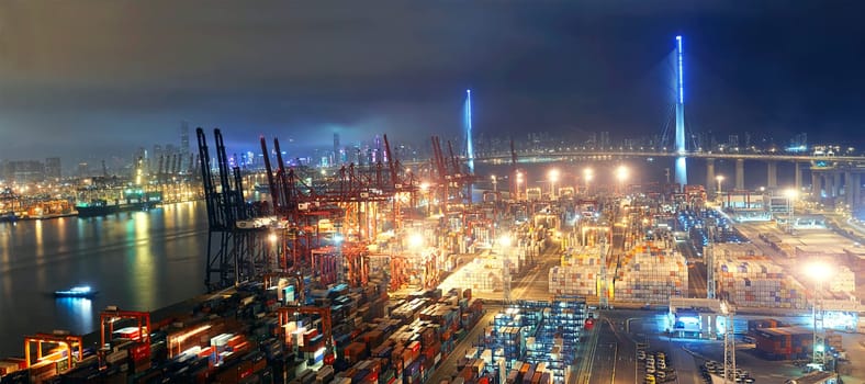 Container port in Hong Kong at night