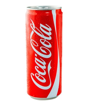 Single tall can of red and white branded carbonated beverage over white background