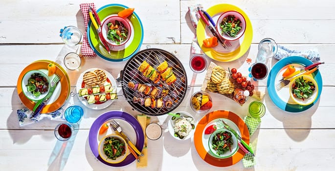 Overhead view of a colorful picnic table laid with multicolored plates, salad beverages and a BBQ with tofu kebabs for healthy vegetarian or vegan cuisine