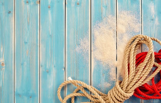 Nautical Themed Background of Bundles of Natural and Red Rope on Painted Blue Wood Background with Sand and Copy Space