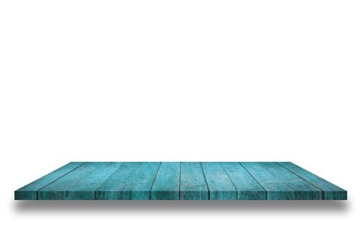 Top of blue wooden shelf isolated on white background. For product display