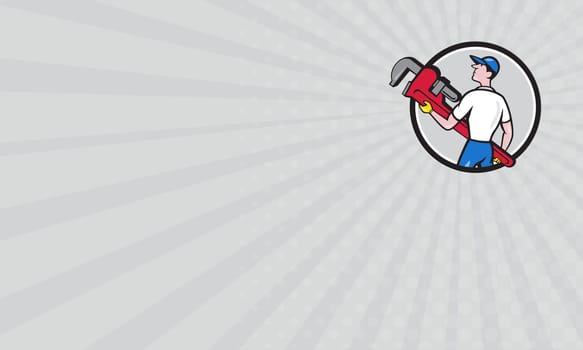 Business card showing illustration of a plumber wearing hat walking lifting giant monkey wrench looking to the side viewed from rear set inside circle on isolated background done in cartoon style.