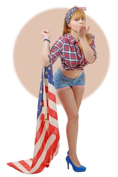 a sexy pin up girl  holding an American flag.
