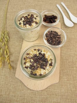 Overnight oats with cocoa nibs and sultanas