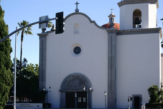 San Juan Capistrano,United States – December 25,2015: The main entrance and bell tower of the famous Spanish Mission Basilica of San Juan Capistrano on December 25,2015 in San Juan Capistrano.
