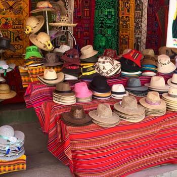 COPACABANA, BOLIVIA - OCTOBER 19, 2014: Big variety of hats outside a souvenir and handicraft shop in the small tourist town on the shore of Lake Titicaca on October 19, 2014 in Copacabana, Bolivia.