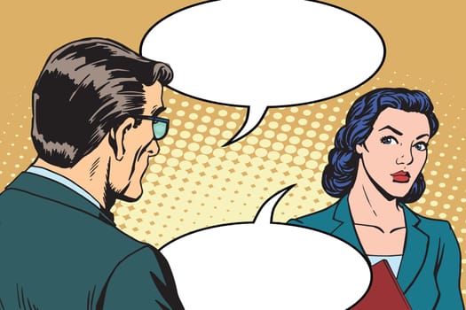 Businessman and businesswoman dialogue pop art retro style. business people