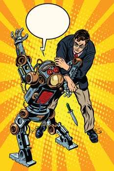 The fight of a man and armed robot pop art retro style. Dangerous robots. Robot criminal with a knife. Artificial intelligence and progress