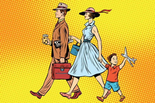 Family on a walk pop art retro style. father, mother and son. Family vector. Retro family happy
