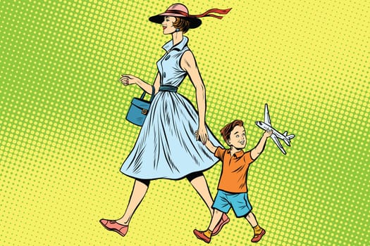 mother and son with toy pop art retro style. children toys. a toy plane. Happy family