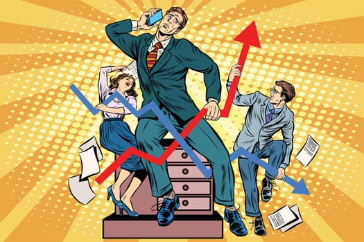 Businessmen and sales schedules pop art retro style. The businessman in the image of Laocoon and his sons. Ancient myths