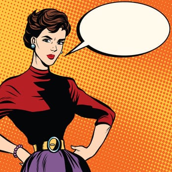 Strict beautiful retro woman pop art retro vector. Serious girl