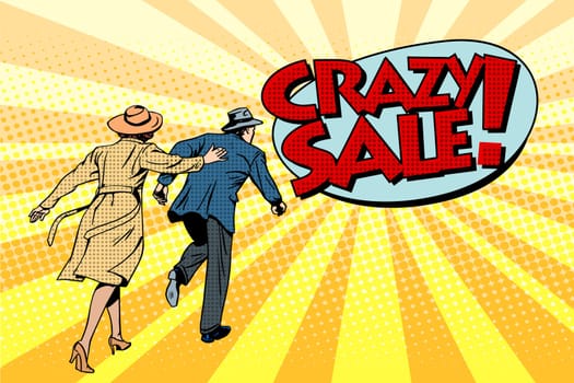Crazy sale super discounts pop art retro style. The family runs to the store