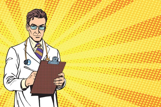 Doctor pop art retro vector. Portrait Of A Confident Mature Doctor. Doctor with a stethoscope. Bypassing doctor, diagnosis