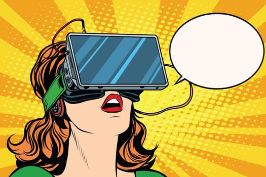 Retro girl with glasses virtual reality pop art retro vector. Woman using virtual reality headset. vr glasses vector