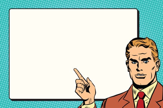 The man points to a white background sheet retro pop art pop art retro vector