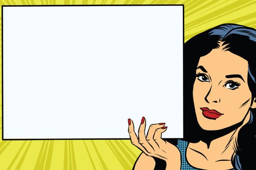 Brunette girl holding a blank rectangular poster pop art retro vector. Advertising and announcement retro pop art