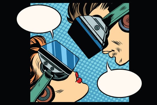 Virtual love man woman glasses virtual reality pop art retro vector. Couple love. Virtual acquaintance. The Internet acquaintance. Science fiction romance