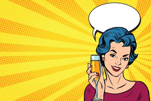Toast girl party yellow retro background pop art retro vector. Celebration and party. Alcohol drink