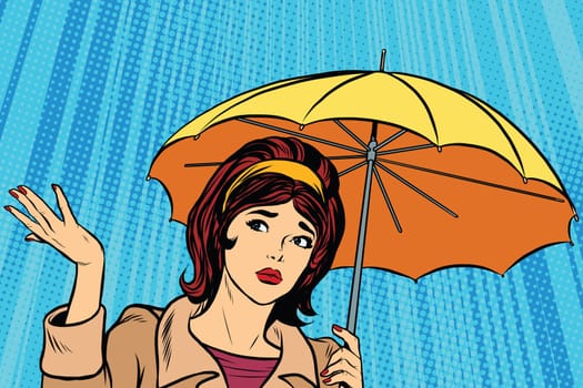 Beautiful sad girl in rain with umbrella, bad weather pop art retro vector. Umbrella rain vector. Retro girl in the fall. Thunderstorm and rain