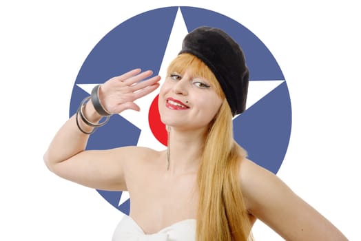a pretty girl pin-up with american star on background