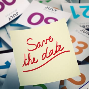 3D illustration of a yellow note over calendar pages background. Concept image for communication purpose.