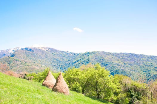 Rural landscape. Traditional haystack of mountain villages in Italian Alps.
