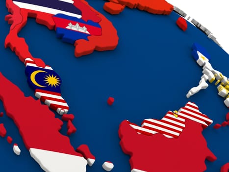 Map of Malaysia on globe with embedded flags of countries. 3D illustration.