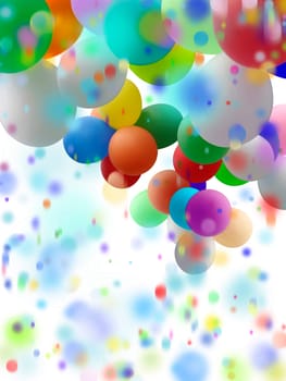colorful balloons and confetti with partial motion blur on a white background
