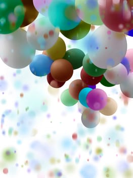 colorful balloons and confetti with partial motion blur on a white background