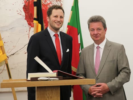 Prince Georg Friedrich of Prussia (great-great-grandson of Kaiser Wilhelm II) enters the guest book of the state capital Magdeburg at the reception by the Mayor Dr. Lutz Trümper (independent) on 22 May 2016