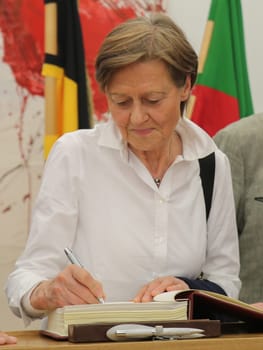 Mrs. Alexandra von Alvensleben registers in the guest book of the state capital Magdeburg at the reception by the Mayor Dr. Lutz Trümper (independent) on May 22,2016