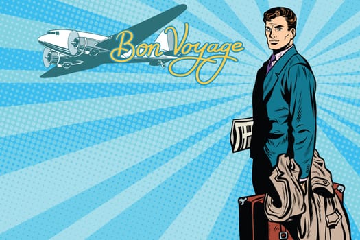 Male passenger traveler in the airport pop art retro vector. Air transport. Tourism and travel retro vector. Retro plane