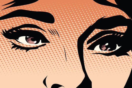 Brown eyes retro woman pop art pop art retro vector. Makeup and cosmetics. Look retro woman. Brown eyes illustration
