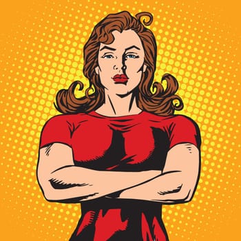 Strong female bodyguard athlete pop art retro vector. Strong girl. A female security guard. The power of women. Feminism