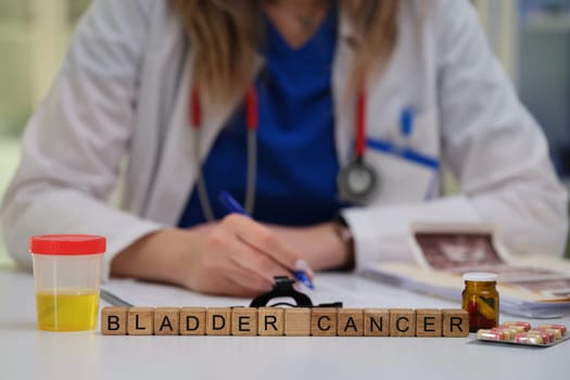 A qualified healthcare professional thoroughly examines various bladder cancer indicators alongside relevant materials